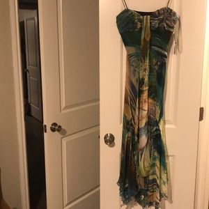 Printed chiffon bandeau halter dress with beads